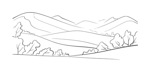 Fototapeta premium Minimalist of rolling hills and trees in black and white landscape nature