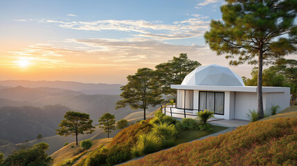 Obraz premium Scenic sunrise over glamping dome house, hilltop nestled offering tranquil escape, nature outdoor accommodation, elevated lodging visualization, with copy space