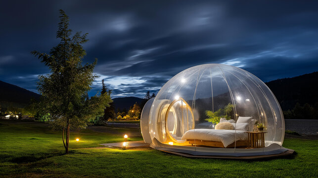 Transparent bubble tent at glamping night, clear accommodation structure, see-through lodging visualization, nocturnal outdoor experience, with copy space
