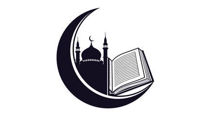 Obraz premium Open Quran Book on Solid Black Crescent Moon Icon on Isolated White Background