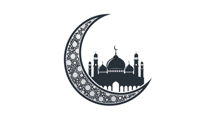 Obraz premium Mosque on Ornate Crescent Moon with Islamic Pattern Icon on Isolated White Background