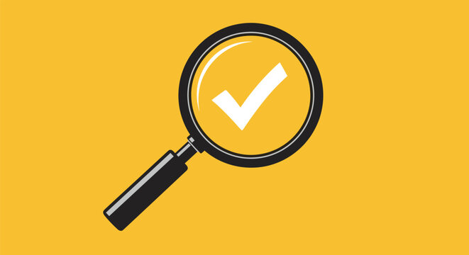 Black magnifying glass focusing on a white check mark over a solid yellow background symbolizing successful search results.