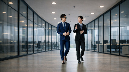 Fototapeta premium 廊下を歩きながら会話するビジネスパーソン, Business professionals walking and talking in an office corridor