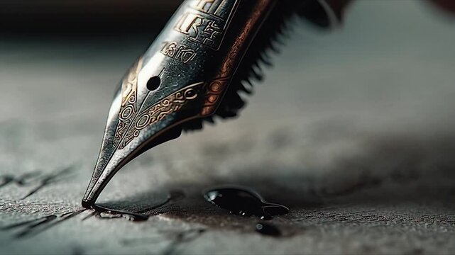 Close-up of a vintage fountain pen writing on old paper with ink drops.