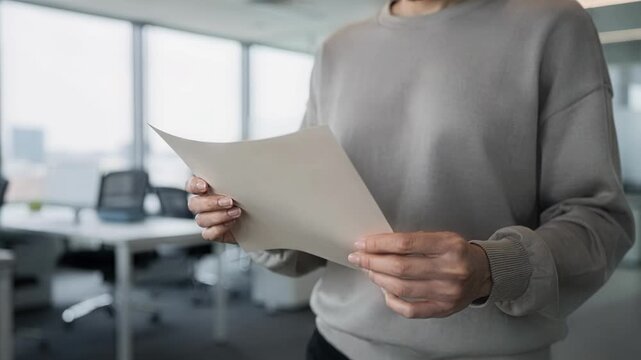 Medium shot of staff member holding matte paper sample examining its texture and weight with blurred background in a modern office setting.