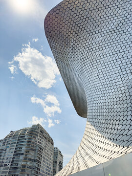 Mexico City, Mexico - March 18, 2024. Architectur of Soumaya musum made of silver hexagons