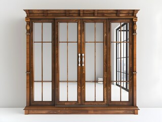 Obraz premium Antique wooden cabinet, vintage display case, brown furniture, glass doors