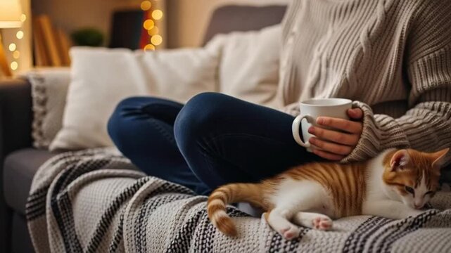 Cozy Evening: Person Holds Warm Drink, Cat Rests on Blanket, Soft Lights
