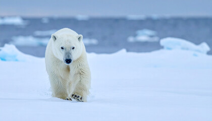 footage of a polar bear hunting fish through Arctic sea ice near a glacier. Ultra-realistic wildlife scene in natural cold daylight. Perfect for stock.