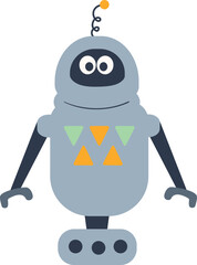 Cute cartoon robot illustration with a friendly smile, bot with an antenna, wheels, and orange details.