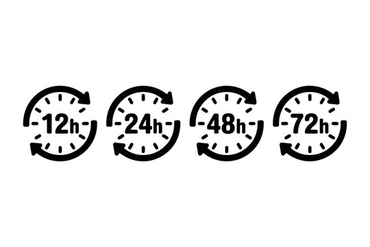 Time Cycle Icons with 12h, 24h, 48h, 72h Clock Symbols in Black and White
