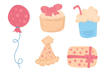 Cute hand-drawn birthday party icon set with balloon, cupcake, gift box, party hat, and drink.