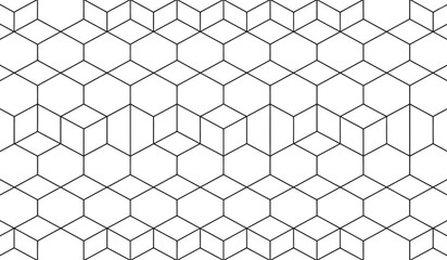 Seamless hexagonal geometric pattern with isometric cube elements, a minimalist black and white design for technology or science themes.
