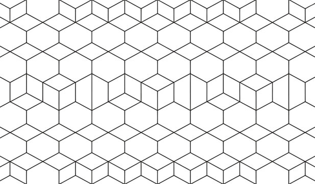 Seamless hexagonal geometric pattern with isometric cube elements, a minimalist black and white design for technology or science themes.