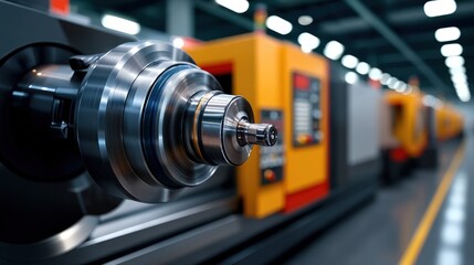 Naklejka premium Cnc spindle rotating during precision machining in factory, showcasing automated metalworking
