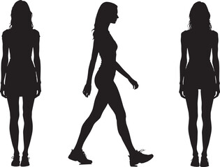 Black silhouette illustration of human figure in standing and walking poses, showcasing static and dynamic postures for motion studies, animation, design, and educational purposes.