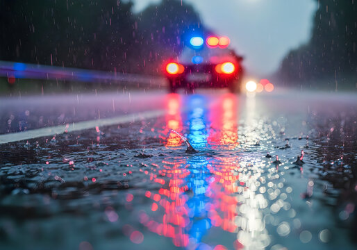 Police car lights reflecting on wet road during rainy night drive