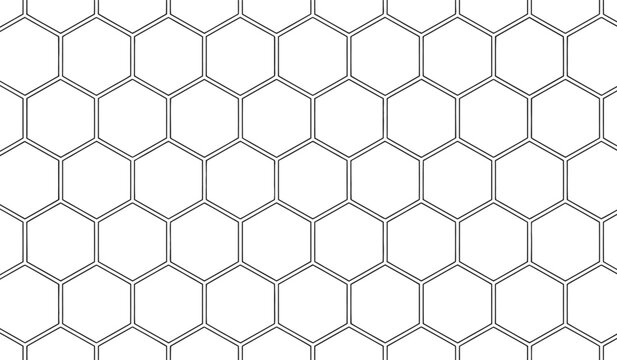 Clean, minimalist hexagonal grid pattern in thin black lines on a white background, perfect for modern, scientific, or tech-themed designs.