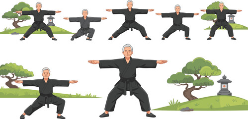 Senior martial arts master practicing karate stances in traditional black uniform set against Japanese garden landscape illustration isolated background © Biplob Creatives