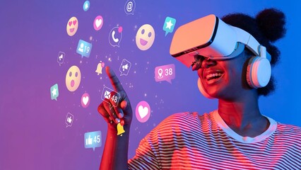 Young woman wearing virtual reality headset interacts with colorful social media icons on blue and...