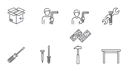 Fototapeta premium Assembly Icons Set: Furniture, Tools, DIY, Instructions