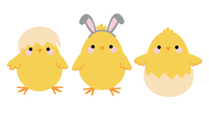 Cute cartoon Easter chicks with eggshell and bunny ears illustration set.