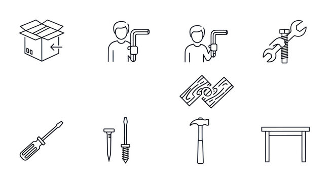 Assembly Icons Set: Furniture, Tools, DIY, Instructions