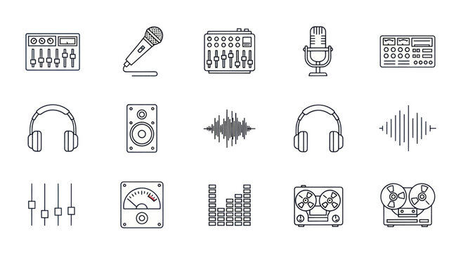 Audio Equipment Icons Set: Microphone, Mixer, Headphones, Speaker, VU Meter