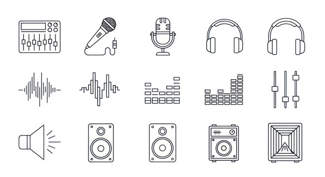 Audio Equipment Icons: Sound Mixer, Microphones, Headphones, Speakers, Equalizer