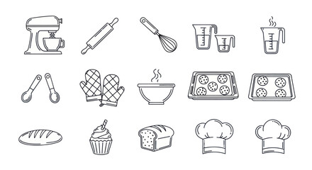 Fototapeta premium Baking Icons and Symbols: Kitchen Utensils, Food, and Chef Hats - Line Art