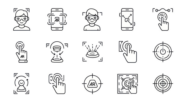 Augmented Reality Icons: VR headset, face scan, smartphone, touch interaction, target