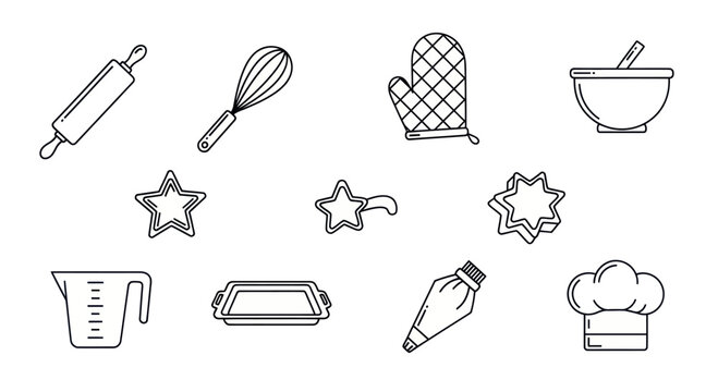 Baking Icons Set: Rolling Pin, Whisk, Oven Mitt, Bowl, Cookie Cutters, Piping Bag