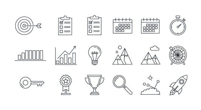 Business Goals and Strategy Icons: Target, Checklist, Calendar, Stopwatch, Rocket