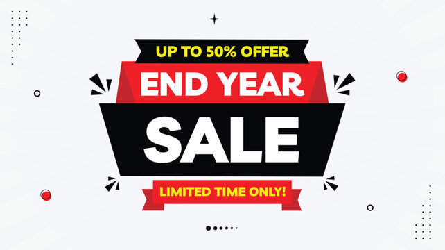 End of Year Sale Banner Vector &ndash; 50% Off Super Save, Limited Time, Black Red White Gradient Background, Modern Shapes Template