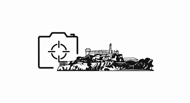Stylized camera icon frames a black silhouette of a rocky island with buildings