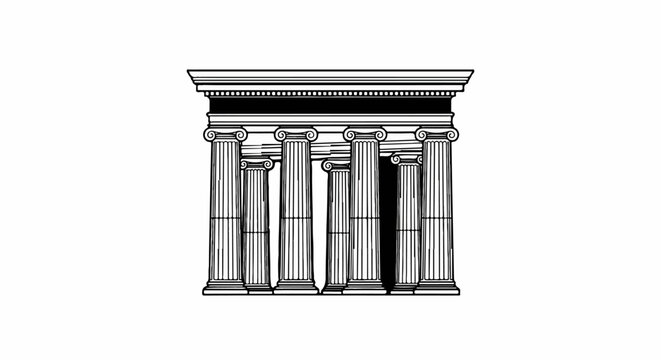 Stylized ionic columns form a classical facade in a monochromatic illustration