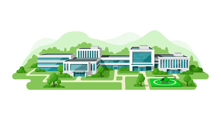 Fototapeta premium State-of-the-Art Hospital Campus with Helipad. Modern Healthcare Facility and Emergency Medical Services Illustration.