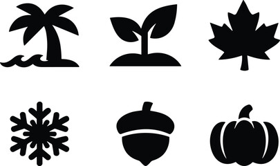 Seasonal nature silhouette icon set with palm tree sprout maple leaf snowflake acorn pumpkin vector illustration isolated background © MstMousumi