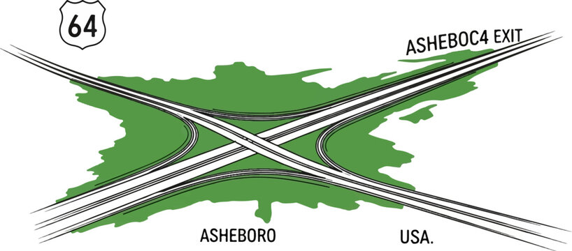 Overhead view of a highway interchange for US Route 64 near Asheboro, USA