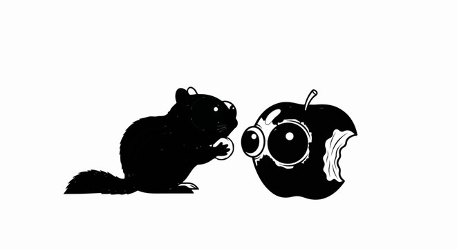 A cartoon black squirrel and a bitten apple with large cartoon eyes confront each other