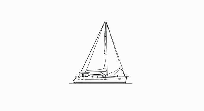 A black and white line drawing of a sailing catamaran on a white background