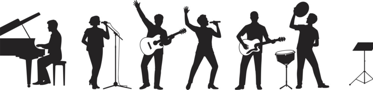 Black silhouettes of diverse musicians and singers performing together with piano acoustic guitar electric guitar and drums isolated on a white background for concerts