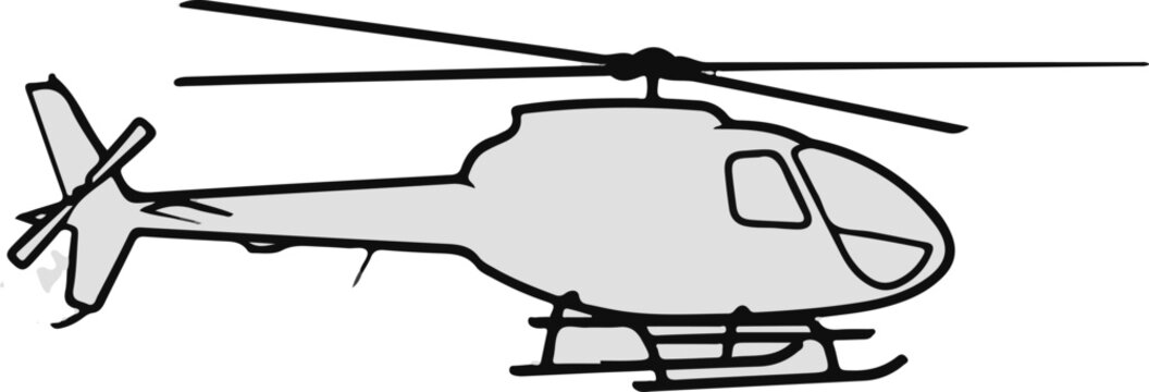 A simple, two-tone illustration of a helicopter in flight