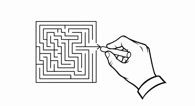 A hand drawing a path through a complex maze with a crayon