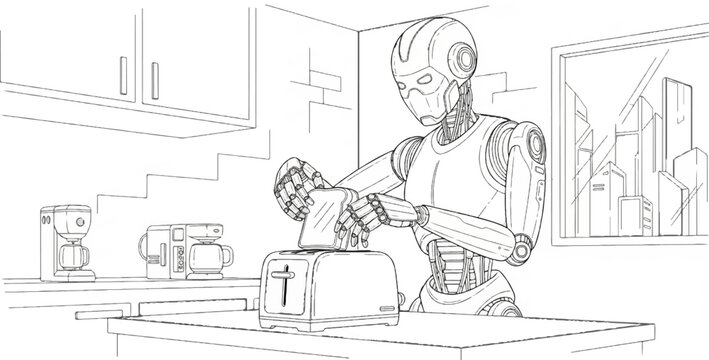 A humanoid robot places toast into a toaster in a modern kitchen