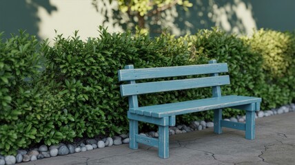 Empty Blue Wooden Park Bench with Green Bushes and Sunlight