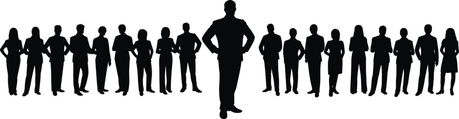 Large collection of black silhouettes featuring diverse business men and women in professional suits standing and posing isolated on white background for corporate concepts