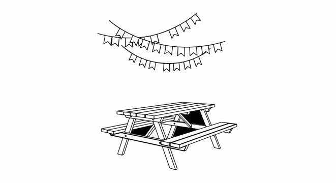 Decorative bunting hangs above a sturdy wooden picnic table, suggesting outdoor celebration