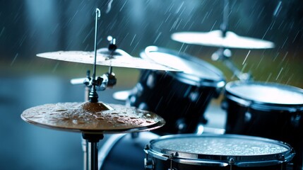 Obraz premium Drumming in Rain: Musical Kit with Raindrops on Cymbals and Drums