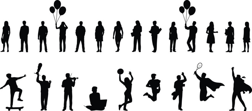 Large collection of black silhouettes featuring diverse people standing with balloons posing and active figures including skateboarders violinists tennis players and superheroes isolated on white